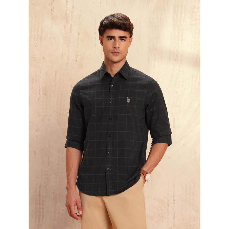 U.S. POLO ASSN. Men's Comfortable Fit Windowpane Checked Shirt-Brown (42)