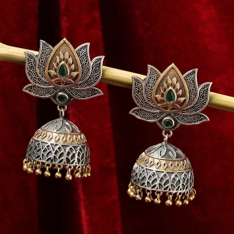 Green - Saanjh Bela Flower Motif Oxidised Jhumka Earrings