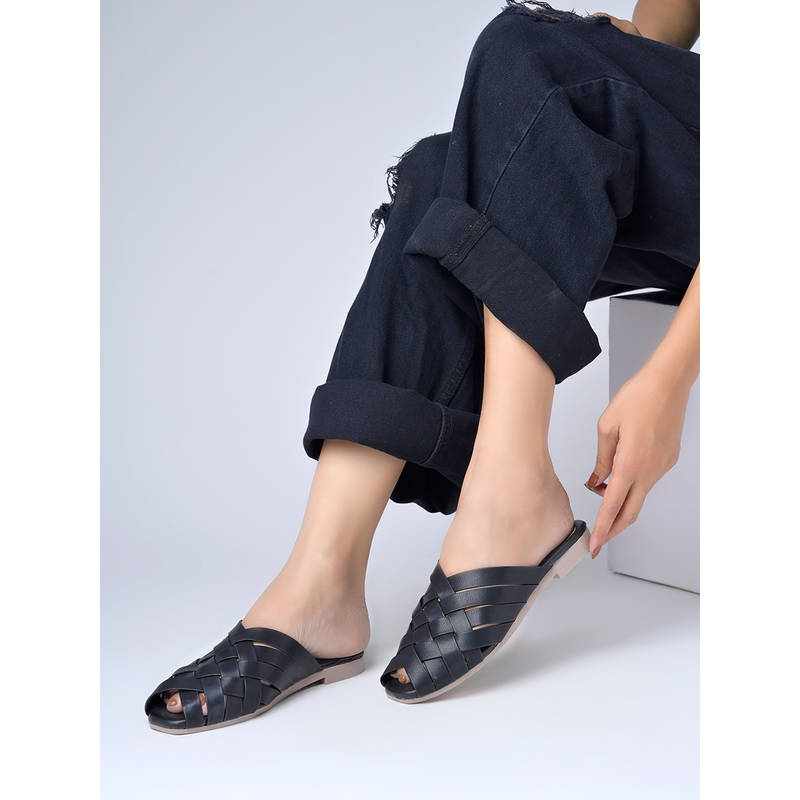 Shoetopia Women's Black Woven Interlocking Strap Flat Slip-On (EURO 36)