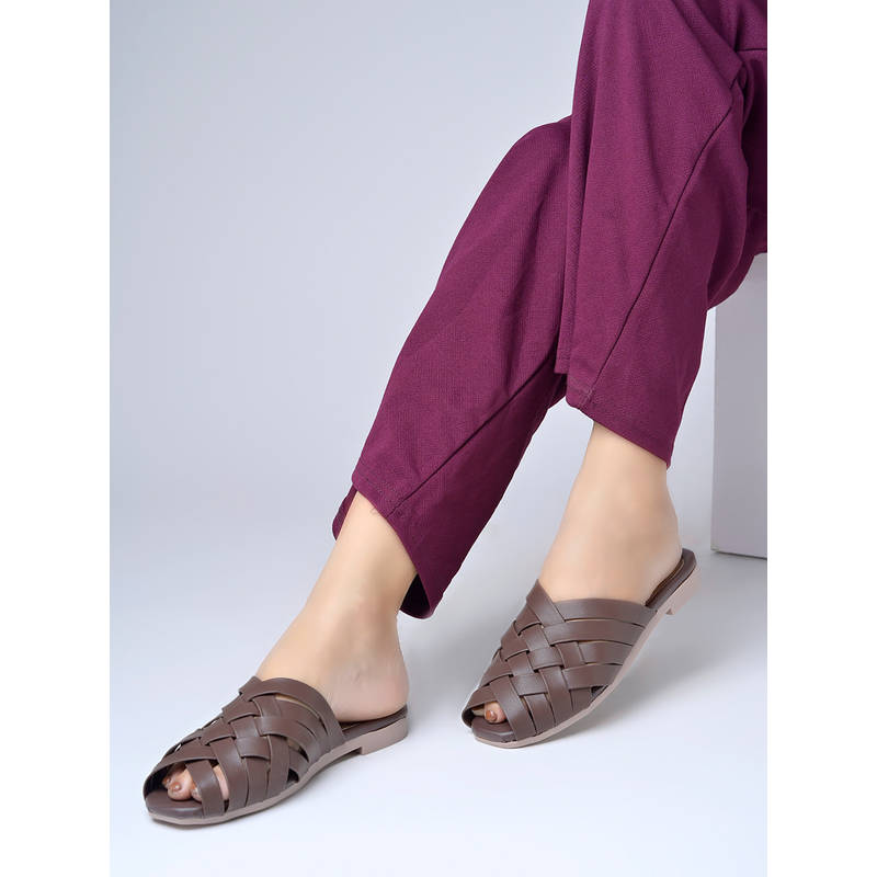 Shoetopia Women's Brown Woven Interlocking Strap Flat Slip-On (EURO 36)