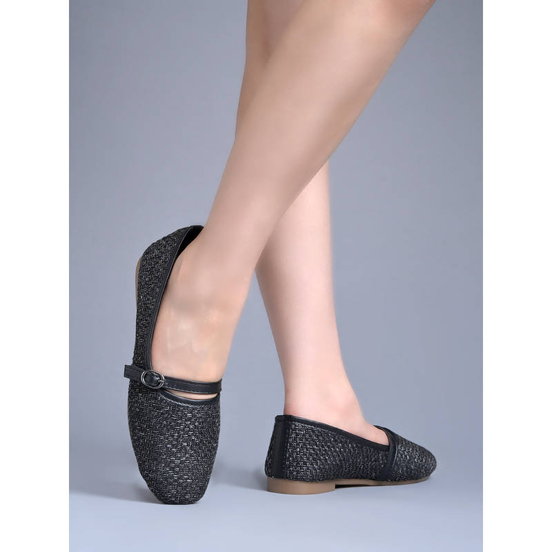 Shoetopia Women's Black Textured Tweed Mary Jane Low Top Ballerinas (EURO 37)
