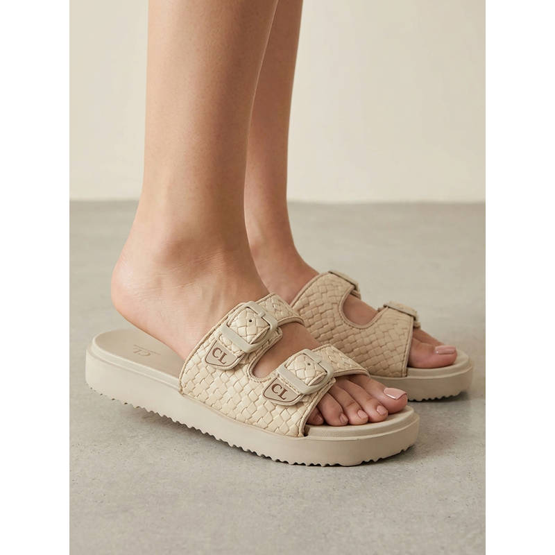 Carlton London Women'S Double-Strap Buckle Comfort Slip-On Sliders (EURO 38)