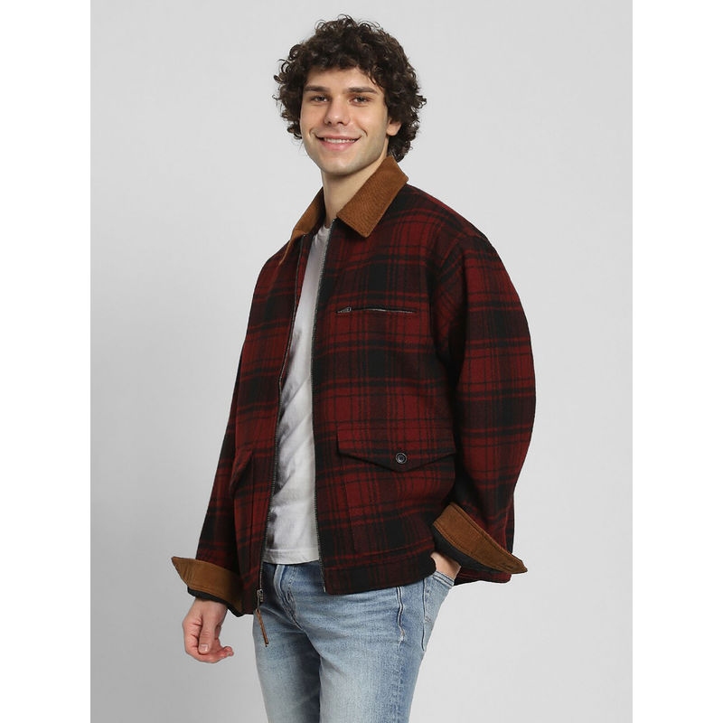 American Eagle Men Maroon Oversized Plaid Barn Jacket (S)