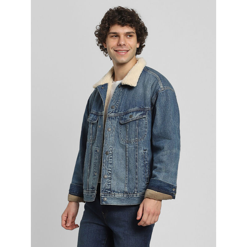 American Eagle Men Blue Sherpa Denim Trucker Jacket (XL)