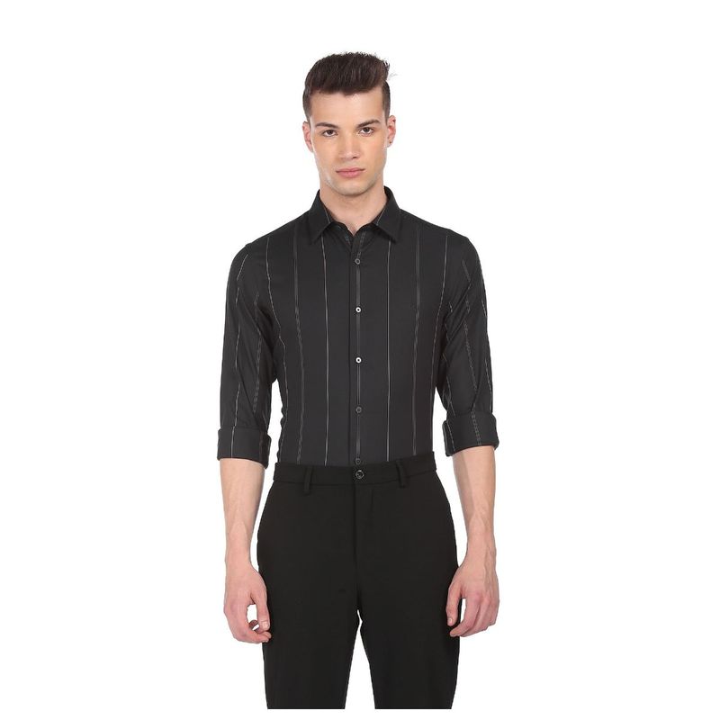 Arrow Newyork Men Black Brooklyn Ultra Slim Fit Striped Formal Shirt (44)