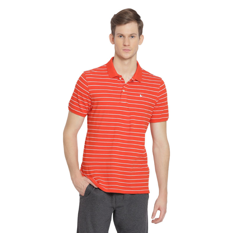 AM SWAN Mens Stripes Fiery Orange - White Polo T-Shirt (M)