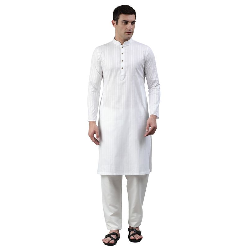 Manthan White Striped Blended Cotton Knee Length Kurta (S)