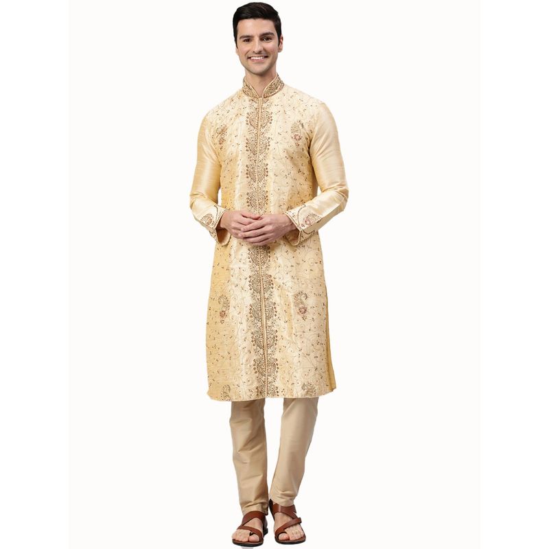 Manthan Cream Art Silk Embellished Kurta (M)
