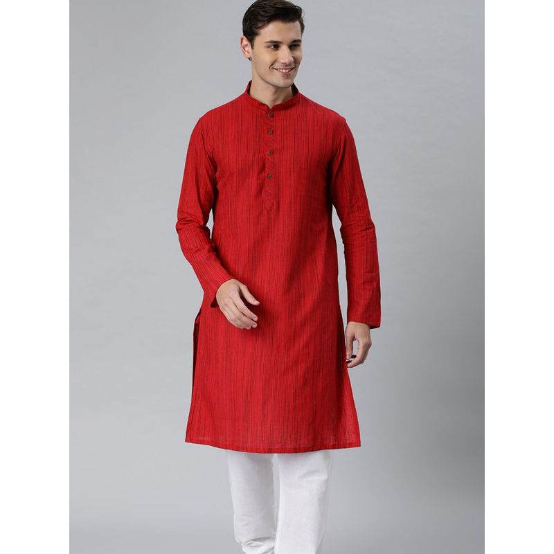Manthan Red Cotton Full Sleeves Solid Kurta (S)