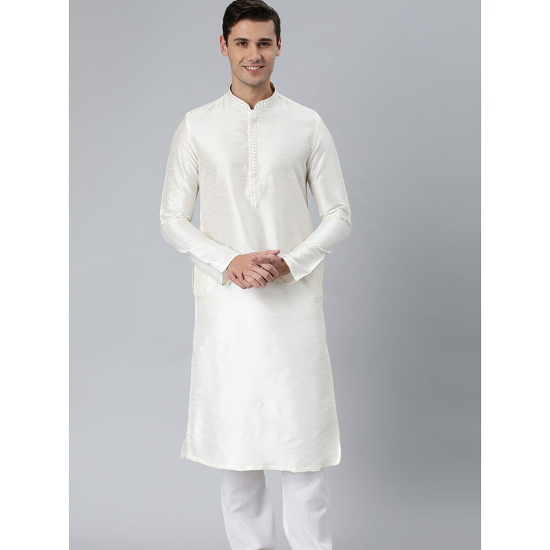 Manthan Off White Dupion Art Silk Full Sleeves Solid Kurta (S)