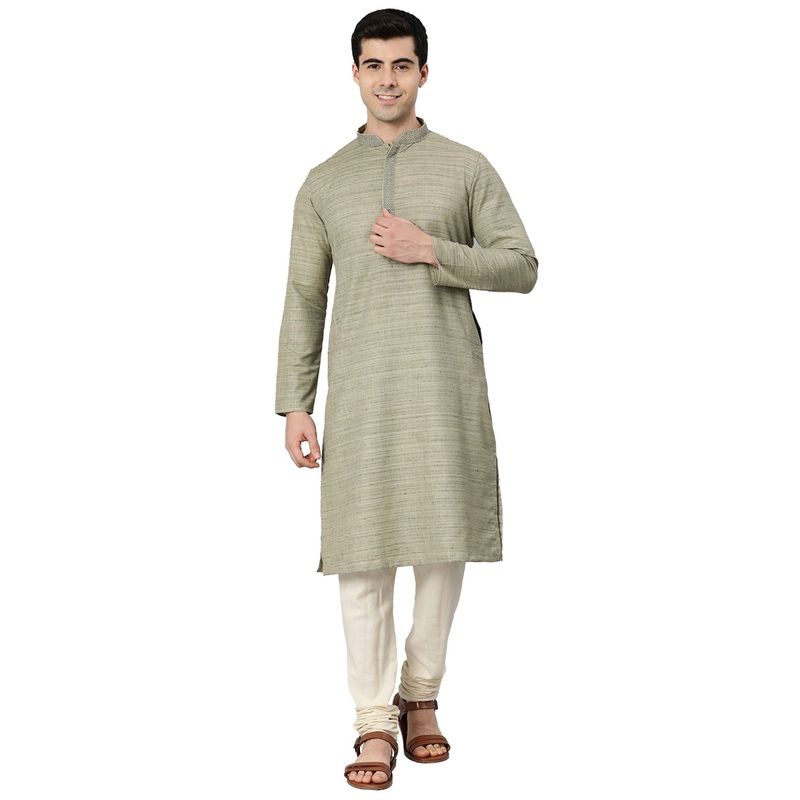 Manthan Green Full Sleeves Casual Art Silk Solid Kurta (S)