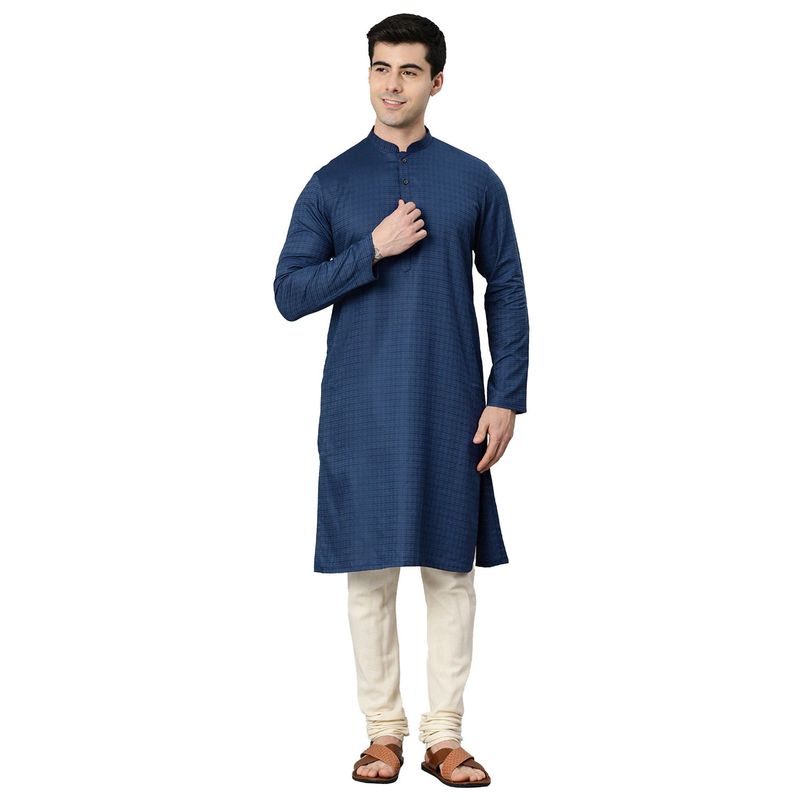 Manthan Blue Full Sleeves Casual Cotton All Over Self Design Kurta (L)