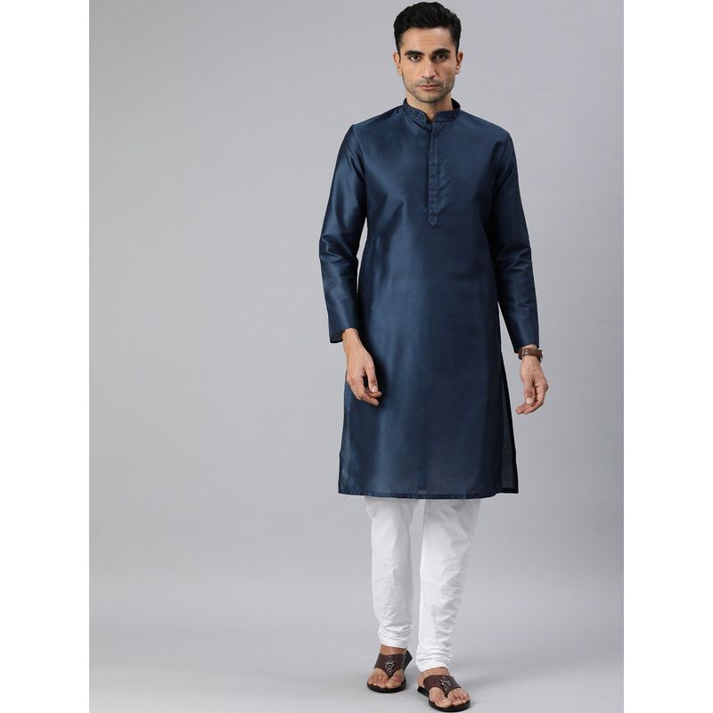 Manthan Navy Blue Solid Art Silk Full Sleeves Kurta (M)