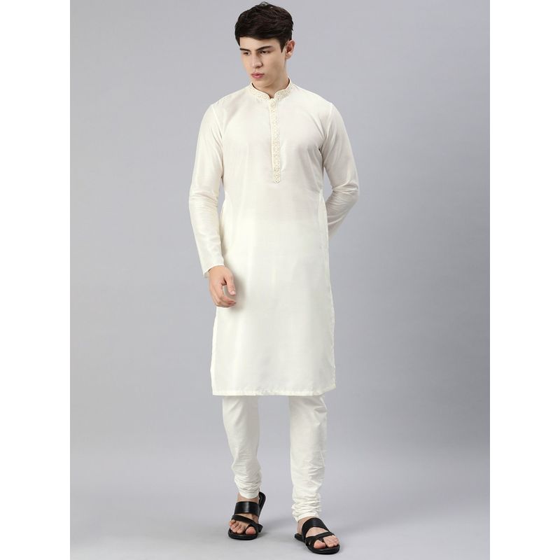 Manthan Cream Solid Art Silk Full Sleeves Kurta (S)