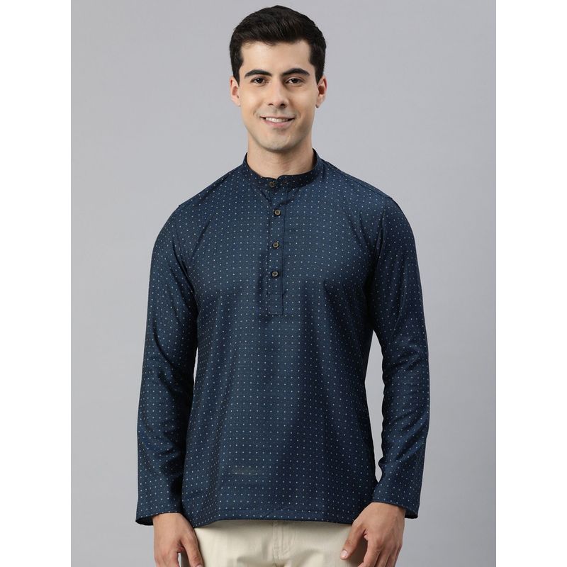 Manthan Navy Blue Printed Blended Viscose Full Sleeves Short Kurta (M)
