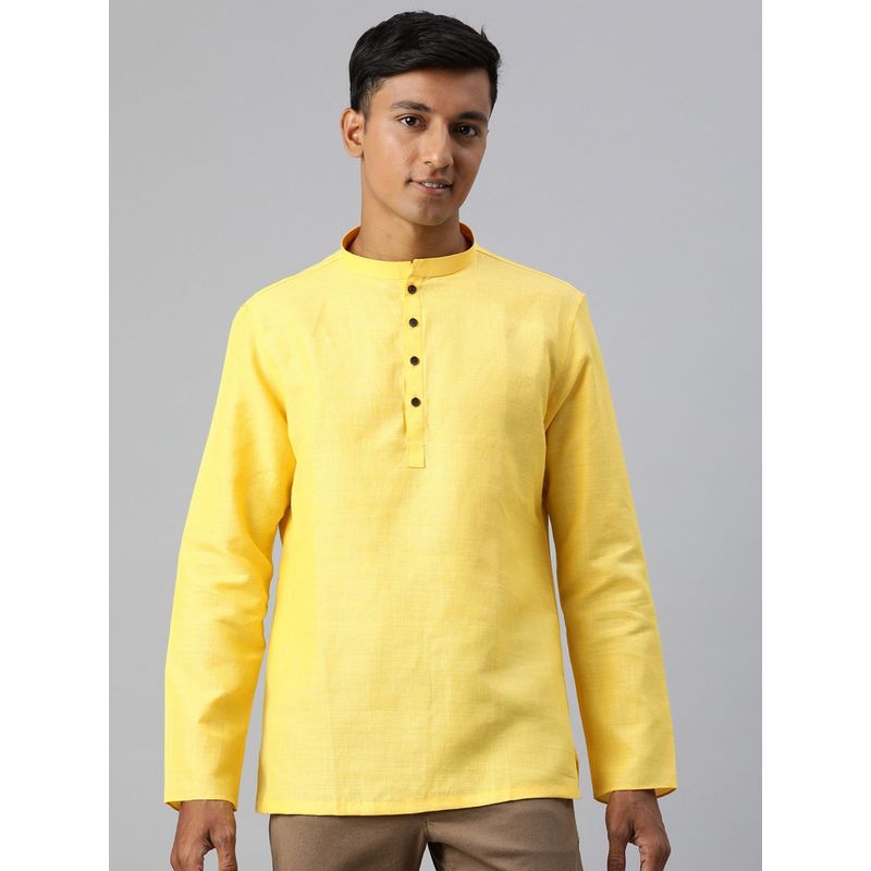 Manthan Yellow Solid Art Silk Full Sleeves Short Kurta (M)