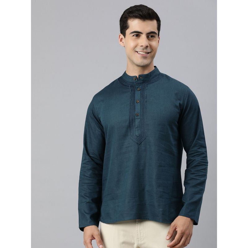 Manthan Navy Blue Solid Cotton Full Sleeves Short Kurta (M)