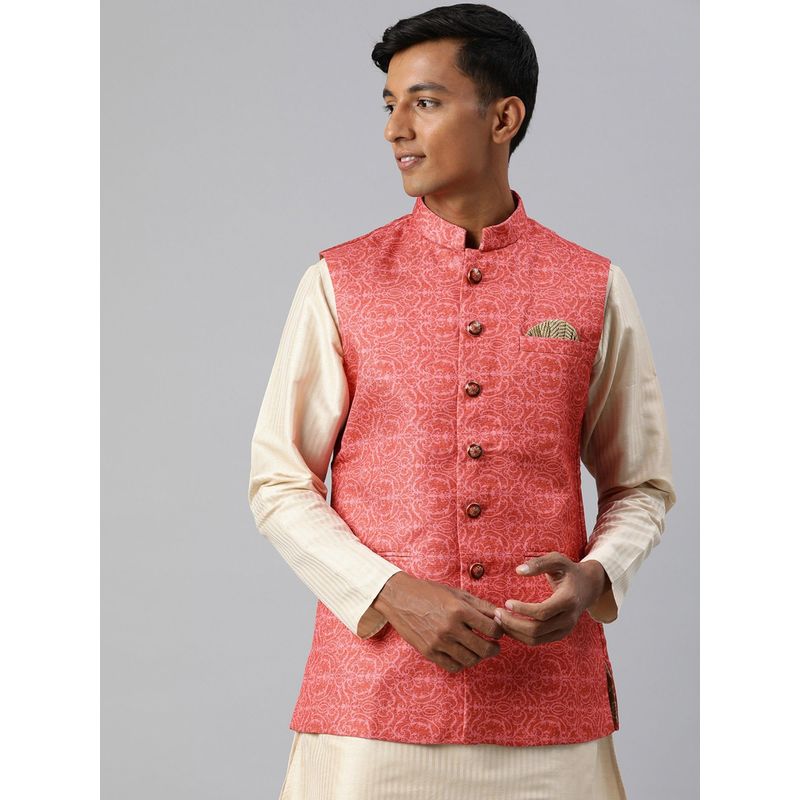 Manthan Pink Printed Blended Viscose Sleeveless Nehru Jacket (S)