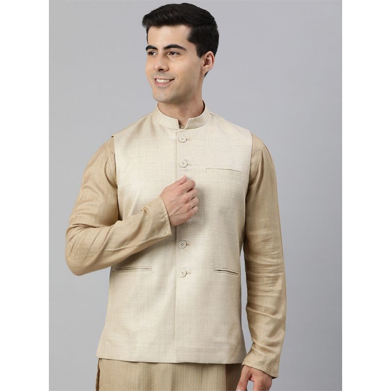 Manthan Beige Solid Art Silk Sleeveless Nehru Jacket (L)