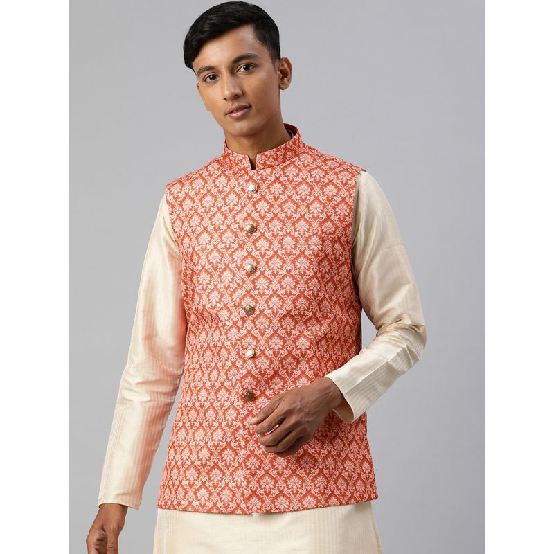Manthan Orange Woven Blended Viscose Sleeveless Nehru Jacket (S)