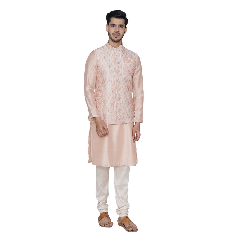 Manyavar Peach Printed Kurta Jacket with Churidar (S)