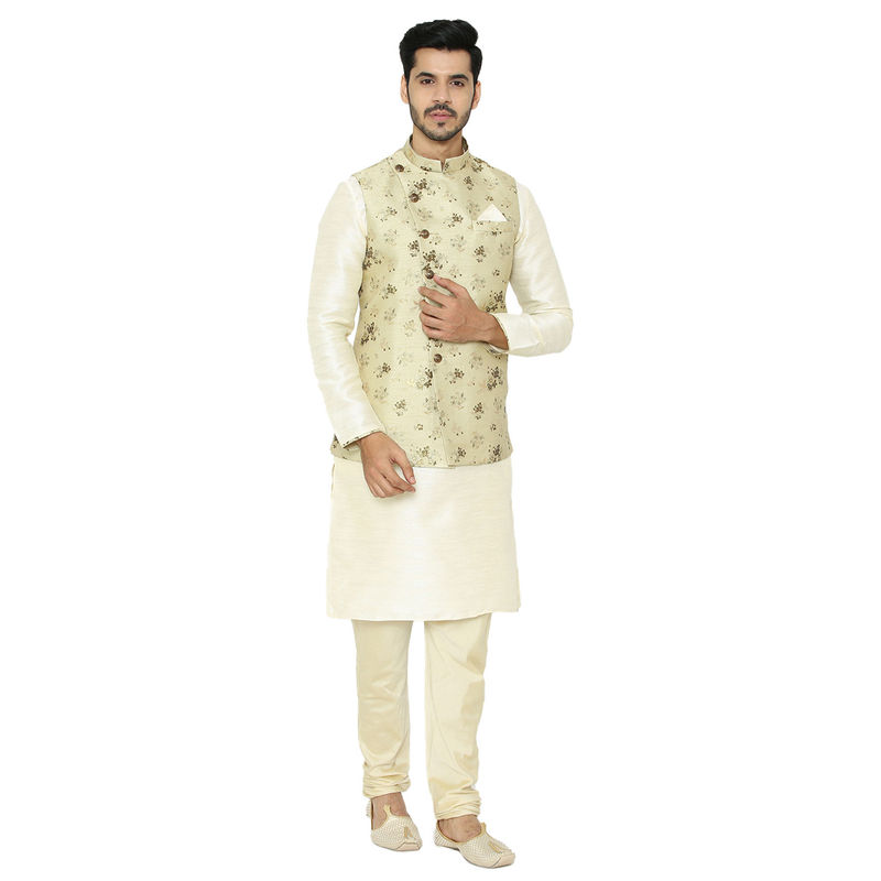 Manyavar Cream Solid Kurta Jacket with Churidar (M)