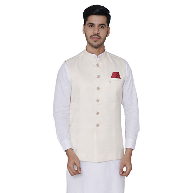 Manyavar Cream Woven Waistcoat for Men (M)