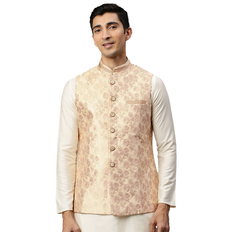 Manyavar Men's Beige Nehru Jacket (M)