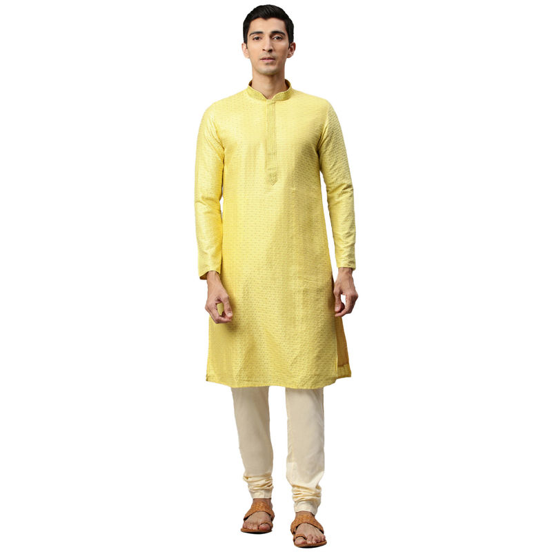 Manyavar Men's Bright Yellow Kurta with Churidar (L)
