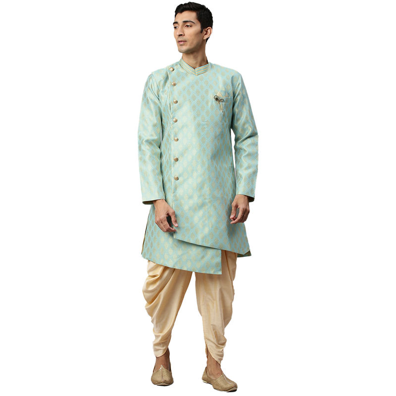 Manyavar Men's Blue Semi Indo Western Kurta with Patiala (L)