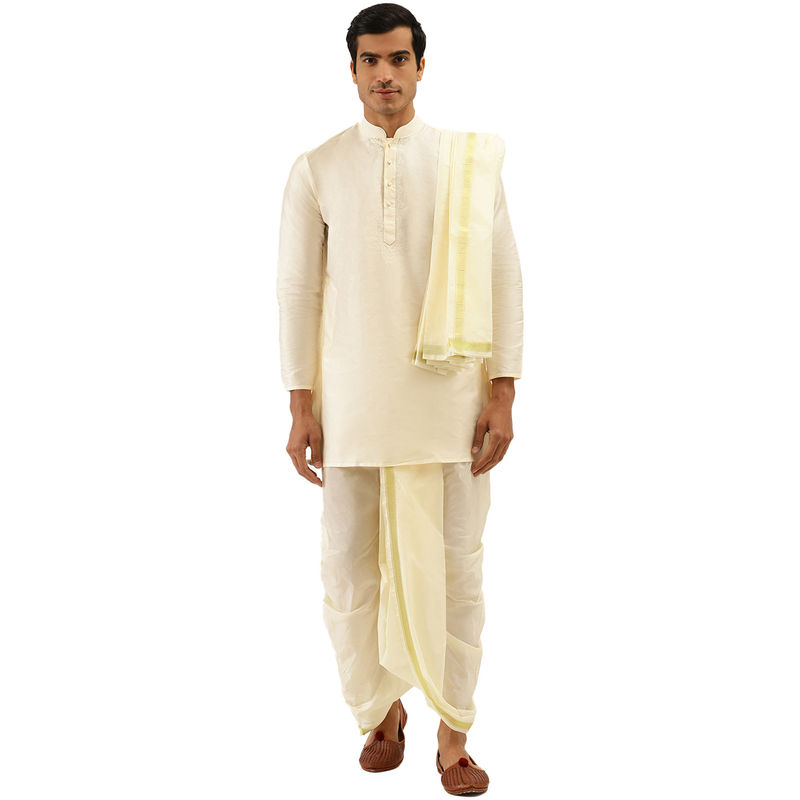 Manyavar Men's Beige Kurta with South Dhoti (M)