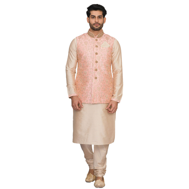Manyavar Peach Silk Blend Kurta Jacket And Churidar (XL)