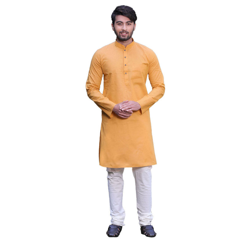 Manyavar Orange Cotton Blend Kurta (L)