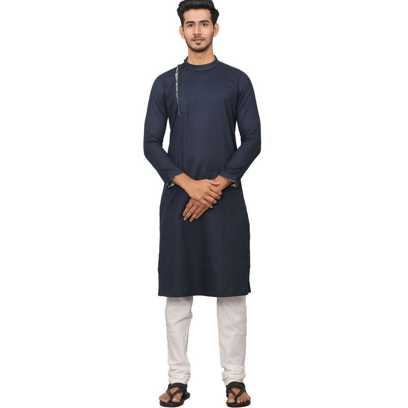 Manyavar Dark Blue Cotton Blend Kurta (M)