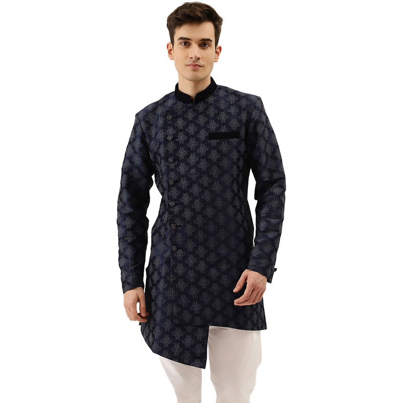 Manyavar Blue Silk Blend Semi Indo Western Kurta and Pencil Pyjama (L)