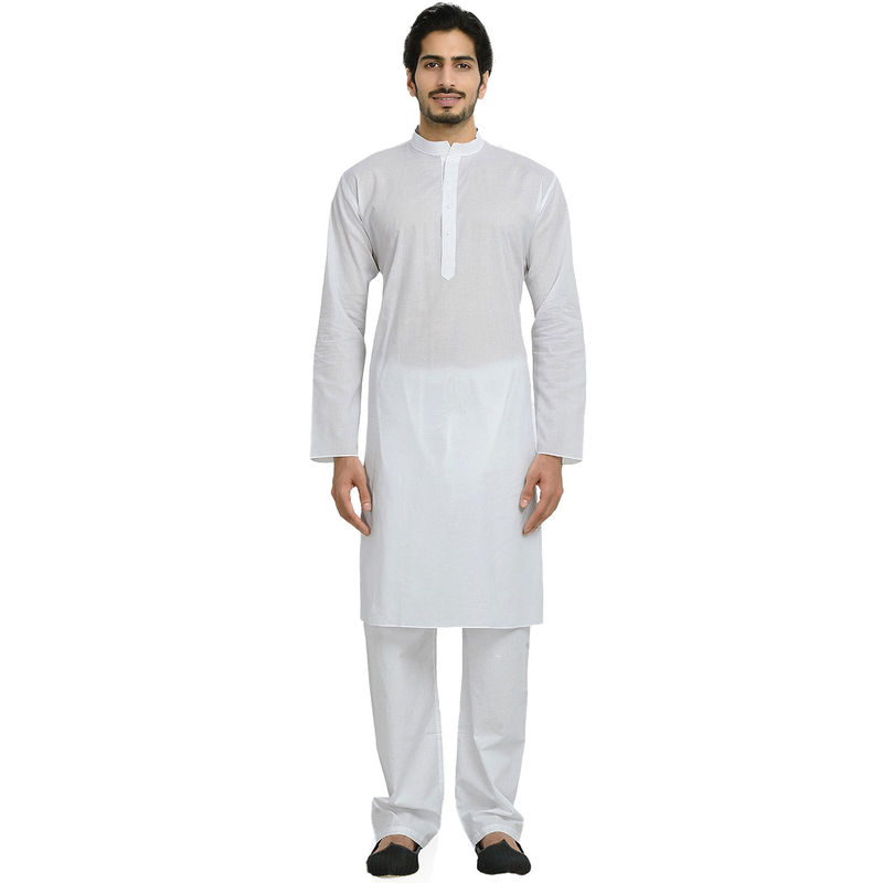 Manyavar White Cotton Blend Kurta Pajama (L)