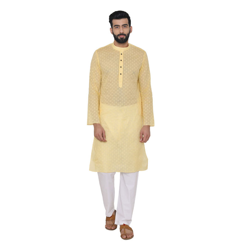 Manyavar Yellow Cotton Blend Kurta Pajama (L)