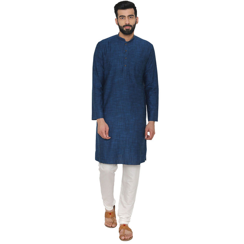 Manyavar Blue Cotton Blend Kurta (L)