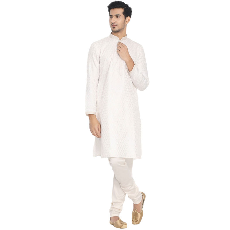 Manyavar White Silk Blend Kurta with Pencil Pajama (XL)