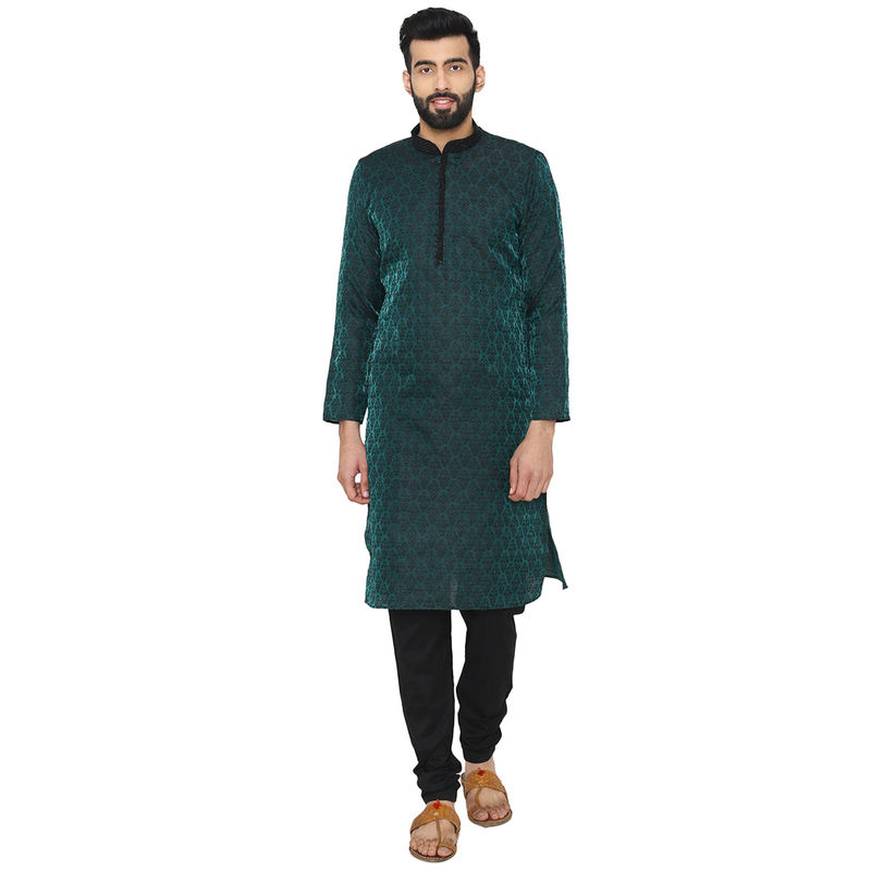 Manyavar Green Silk Blend Kurta with Pencil Pajama (L)