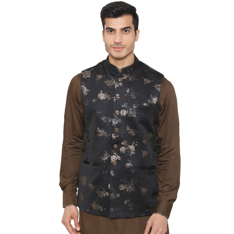 Manyavar Black Terry Rayon Waistcoat for Men (M)