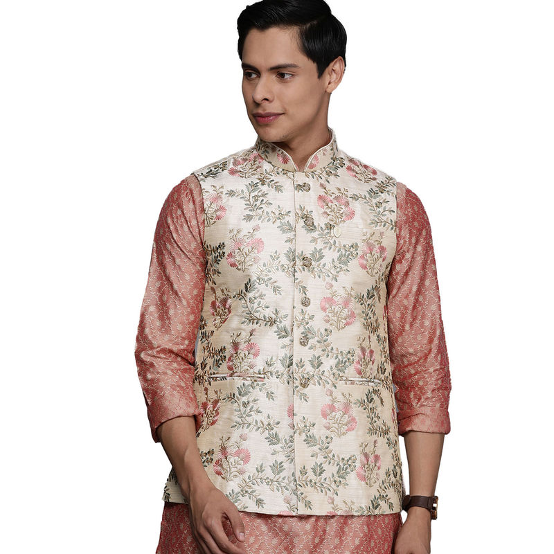 Manyavar Beige Silk Nehru Jacket for Men (S)