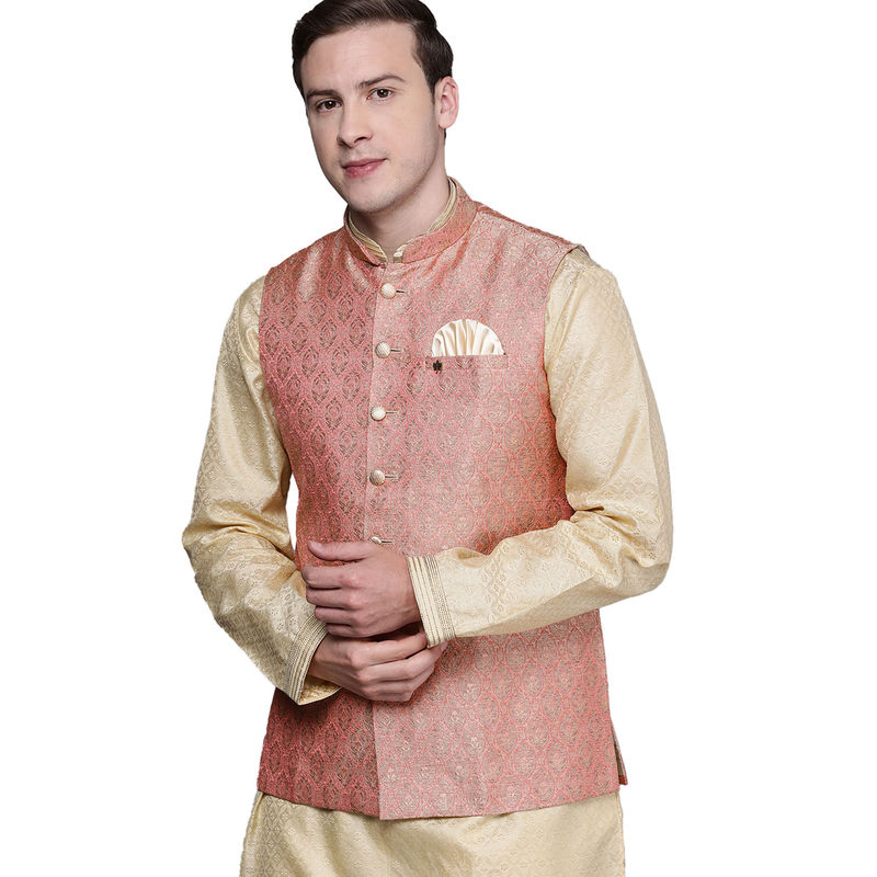 Manyavar Pink Silk Nehru Jacket for Men (L)