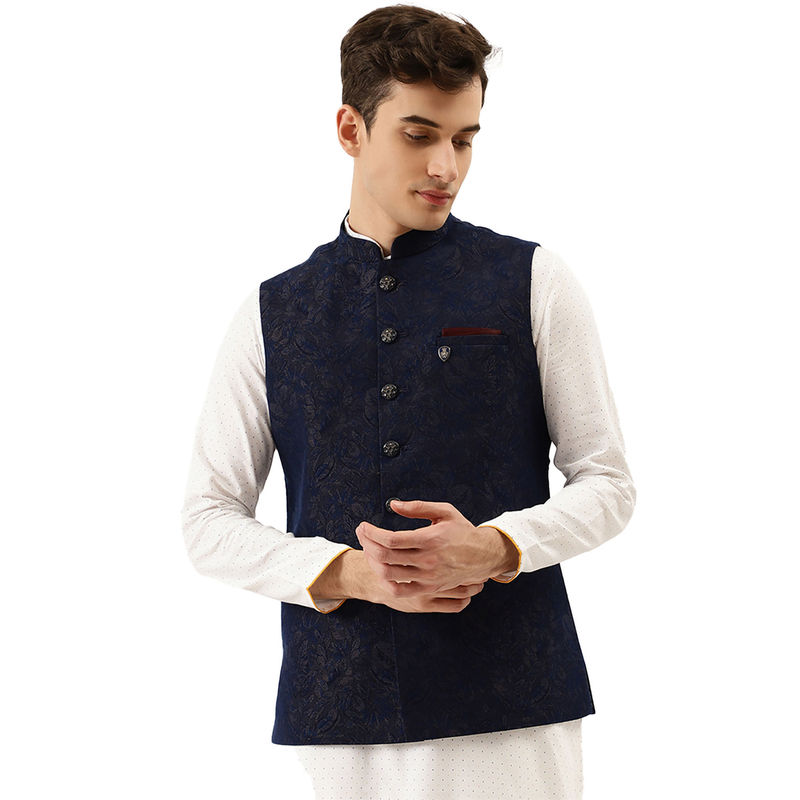Manyavar Navy Blue Viscose Rayon Ethnic Waistcoat for Men (L)