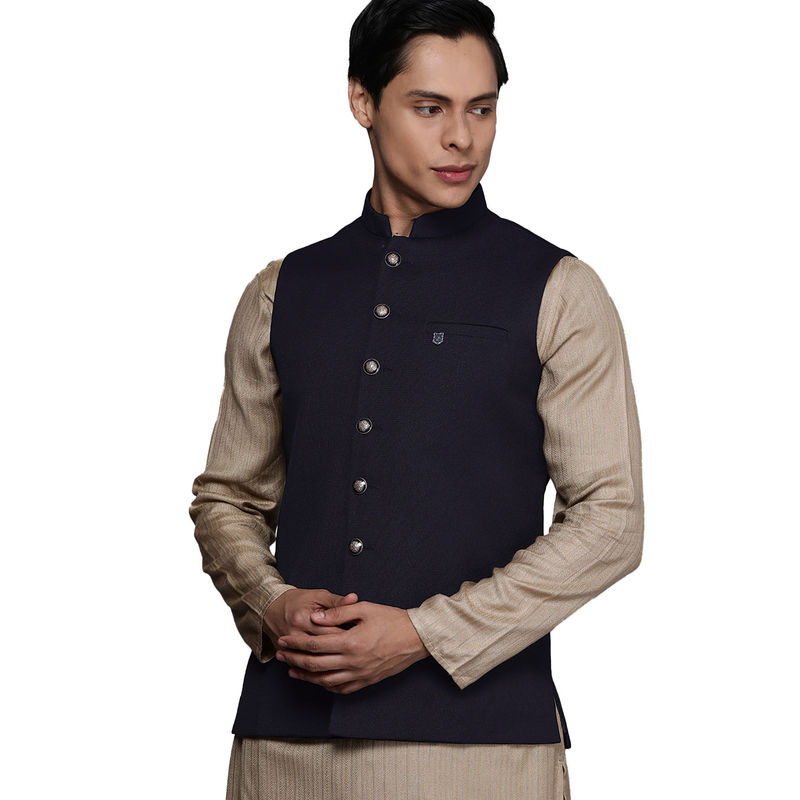 Manyavar Navy Blue Viscose Rayon Waist Coat for Men (M)