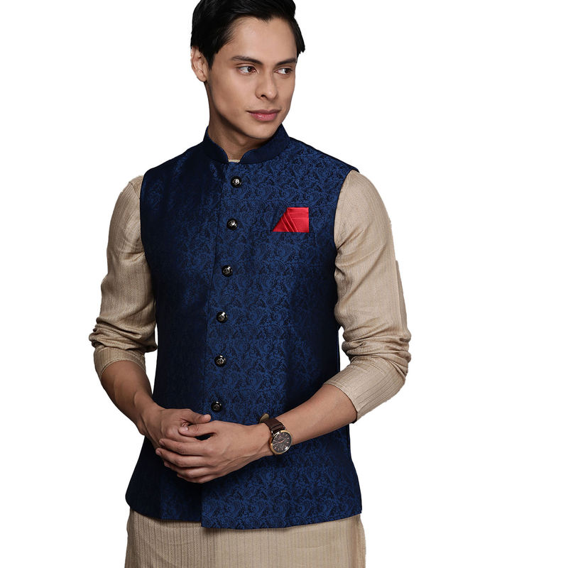 Manyavar Blue Viscose Rayon Waistcoat for Men (M)