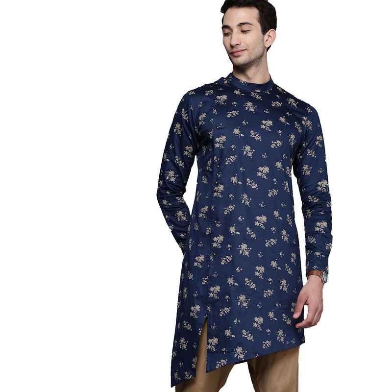 Manyavar Blue Satin Blend Printed Kurta (2XL)