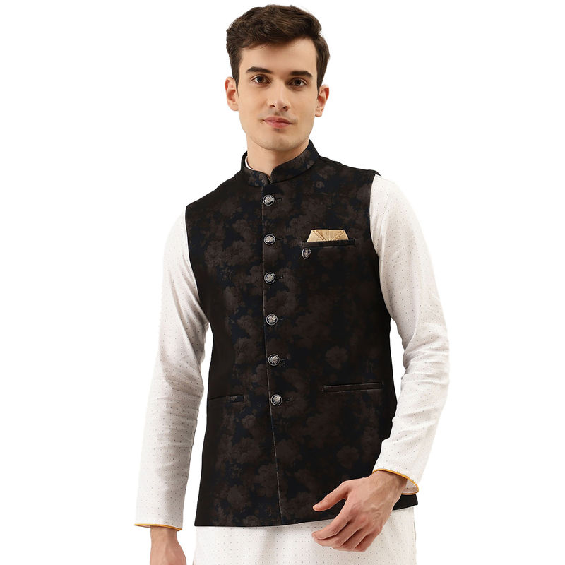 Manyavar Black Rayon Blend Traditional Self Design Waistcoat (M)