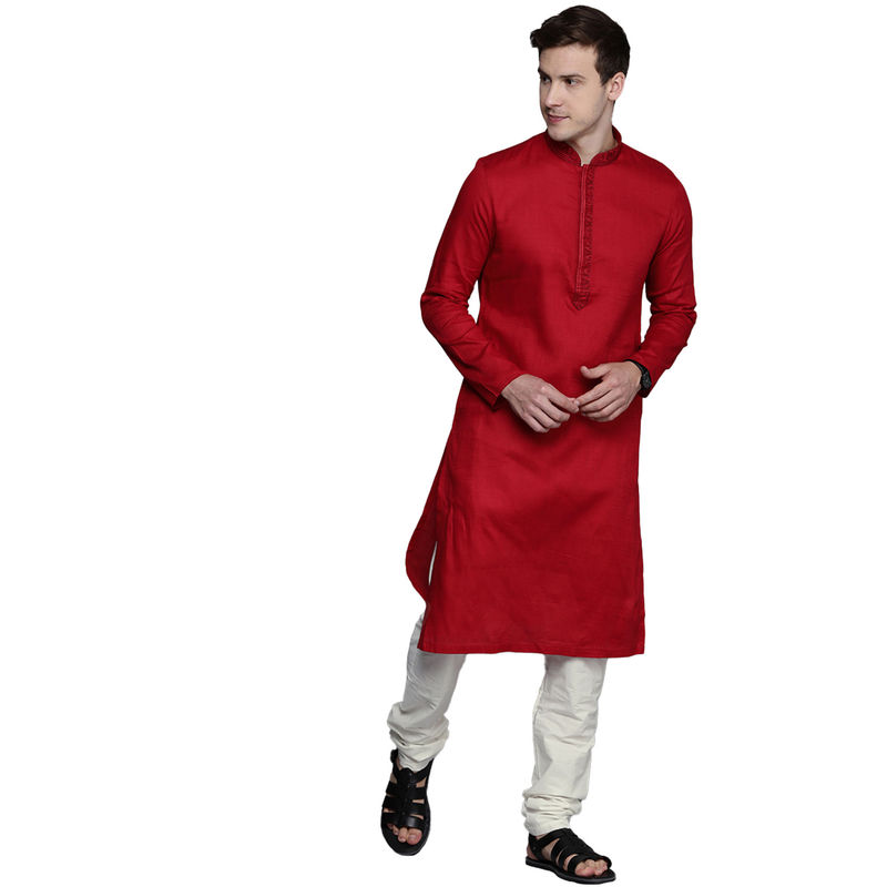 Manyavar Red Cotton Blend Casual Self Design Kurta Churidar (L)