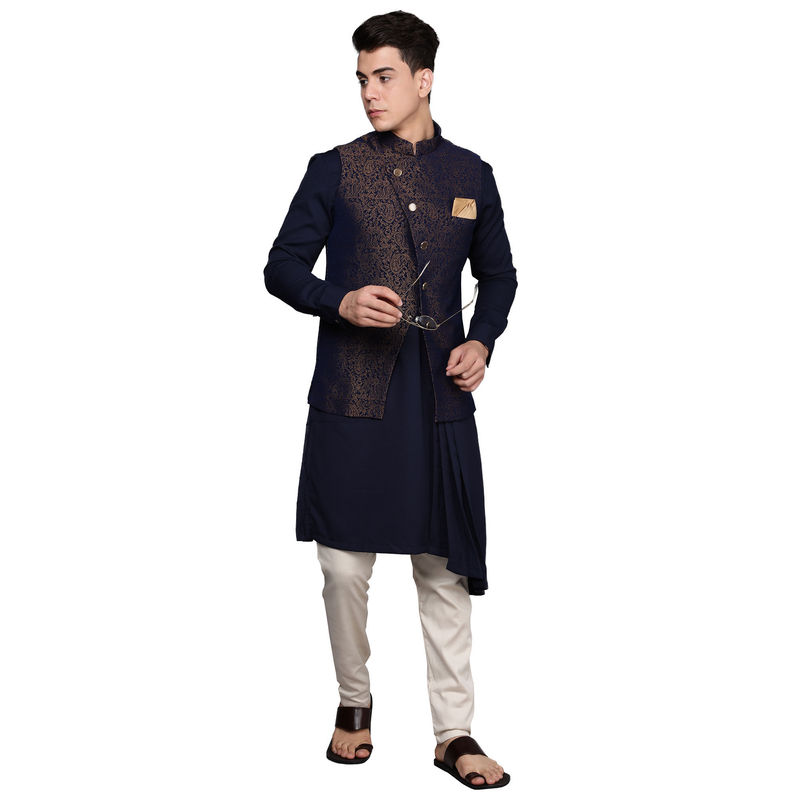 Manyavar Mens Art Silk Drape Kurta Pencil Pant with Paisley Print Jacket (Blue) (M)